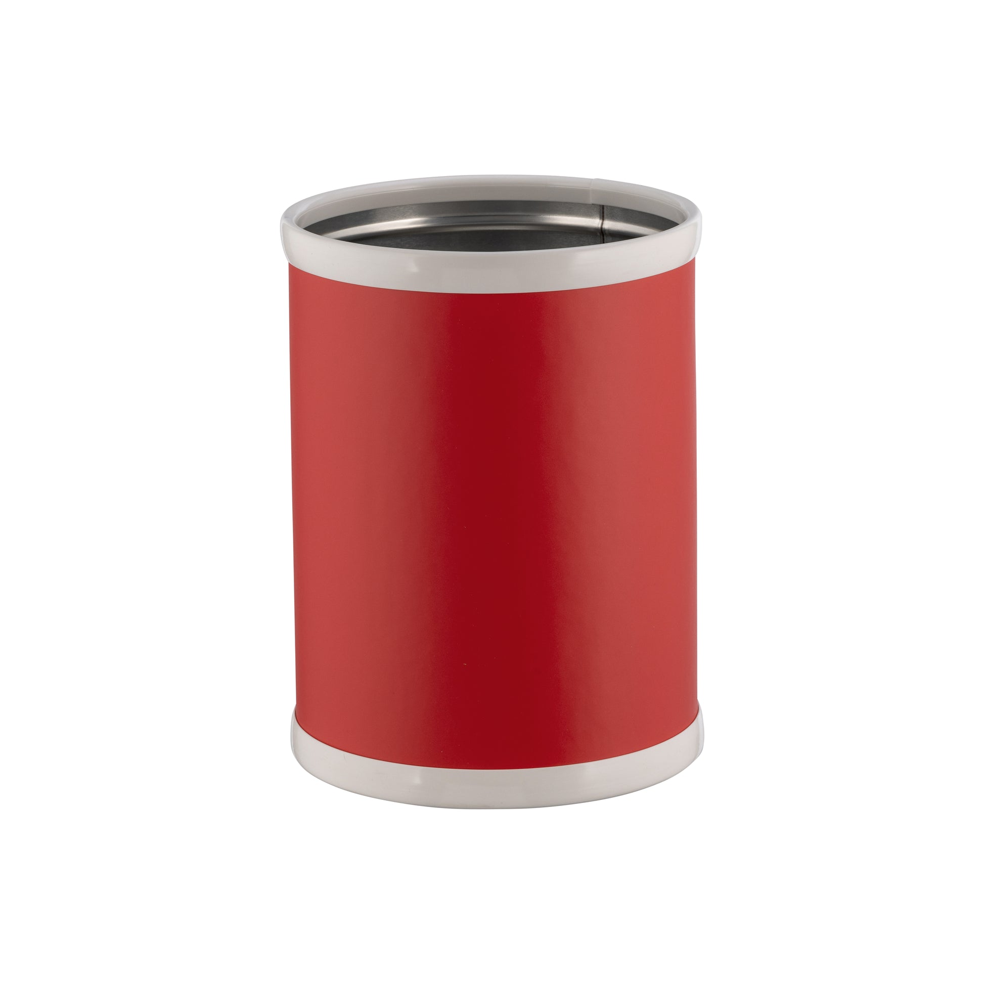 Red | trash can with silver rim on a white background
