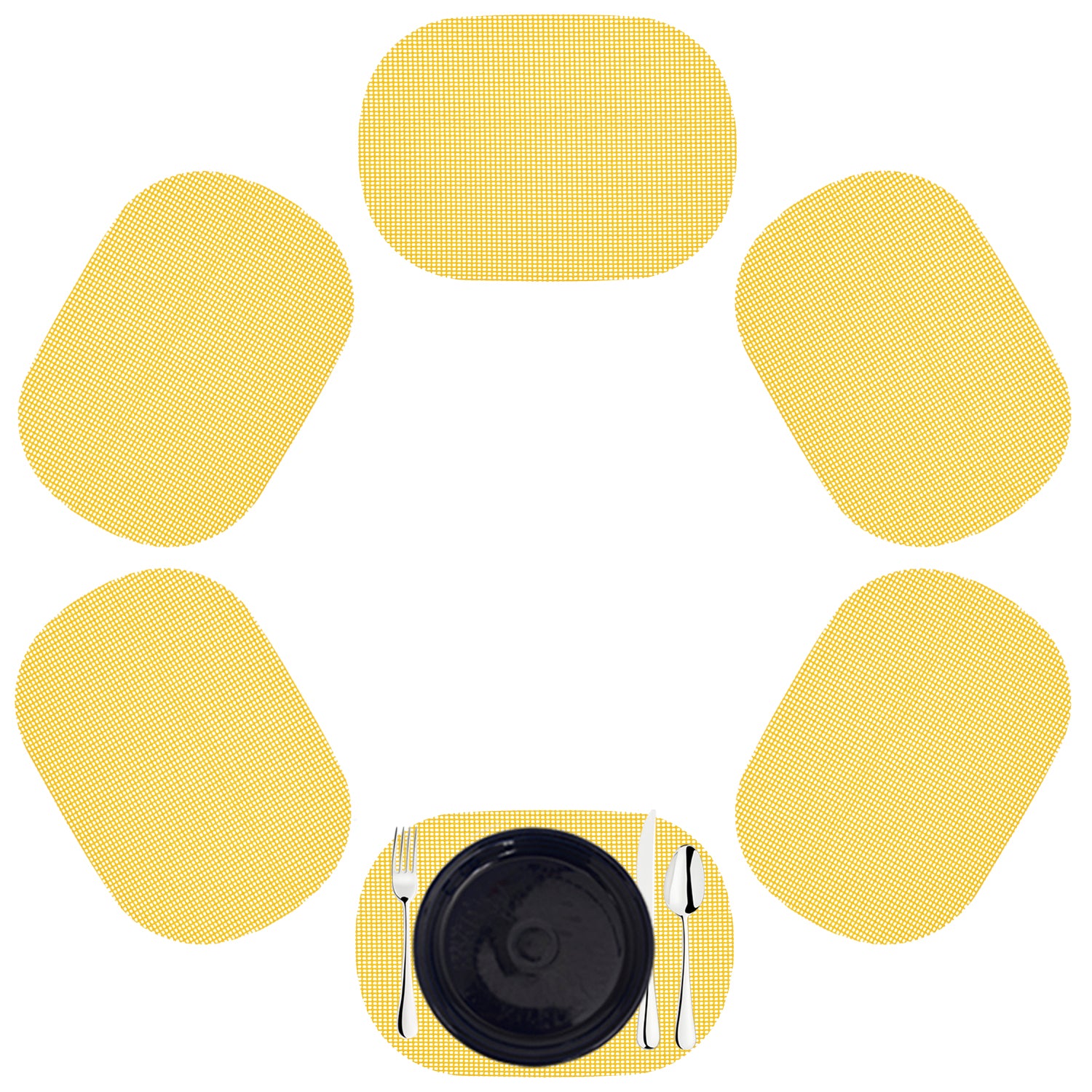 Yellow | Oval shaped fishnet placemat set in a circle with black dinner plate.