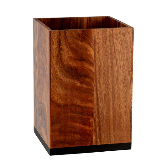 Acacia | Taniya Nayak exclusive wood bathroom wastebasket with natural wood grain finish, perfect for adding warmth and style to your bath space.