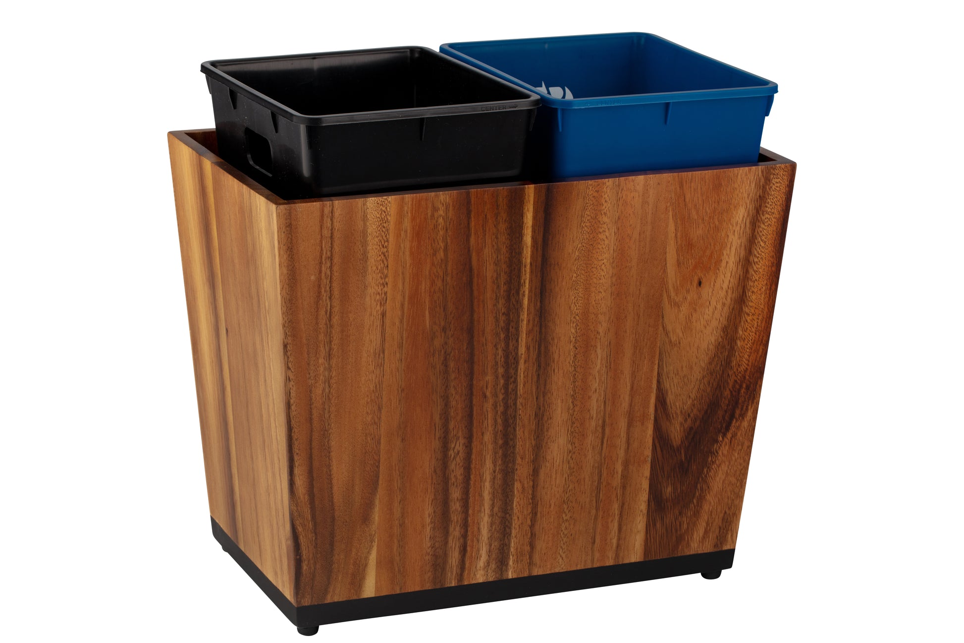 Acacia | Wooden trash bin with black and blue trash liners on a white background