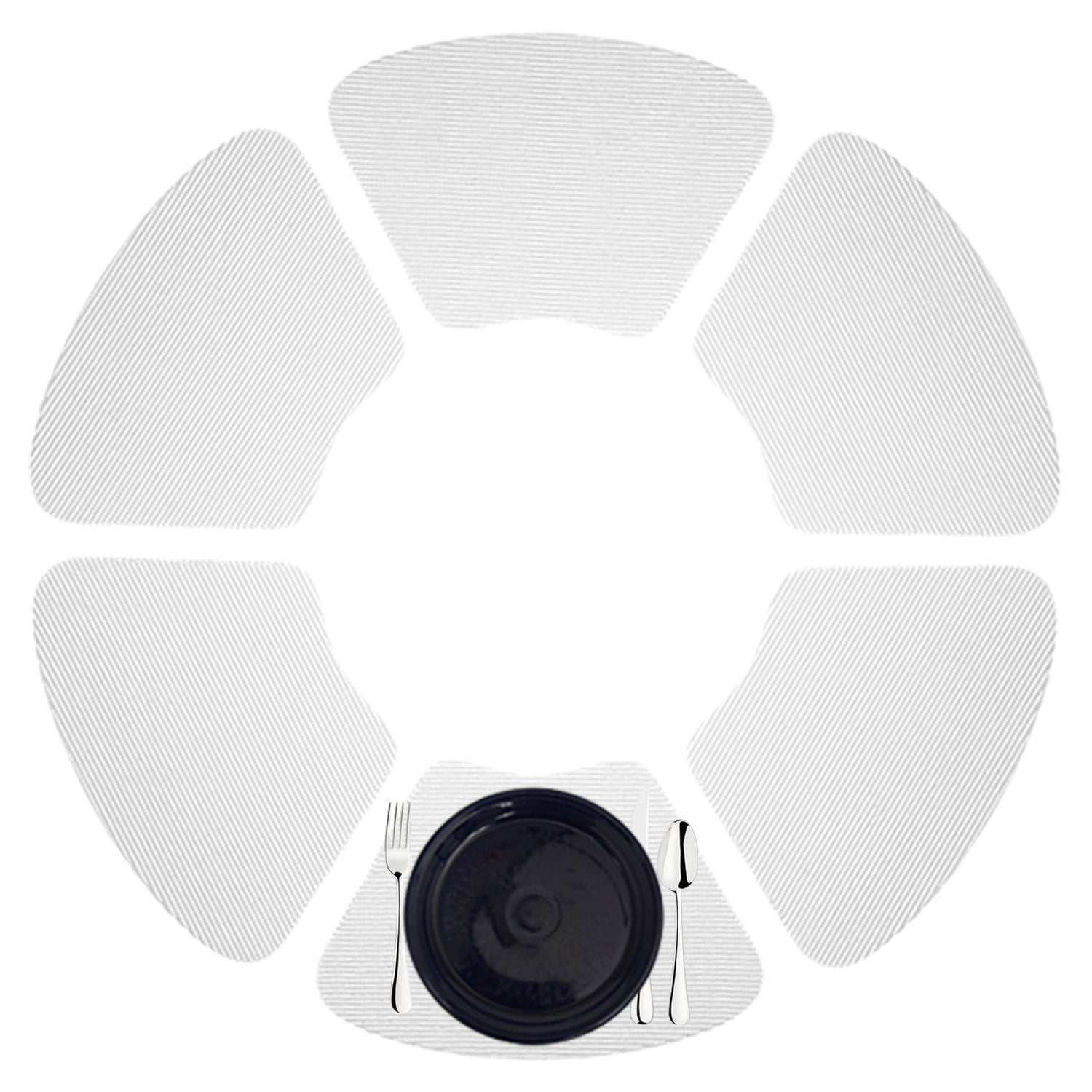 White | Wedge fishnet placemats with a black dinner plate.