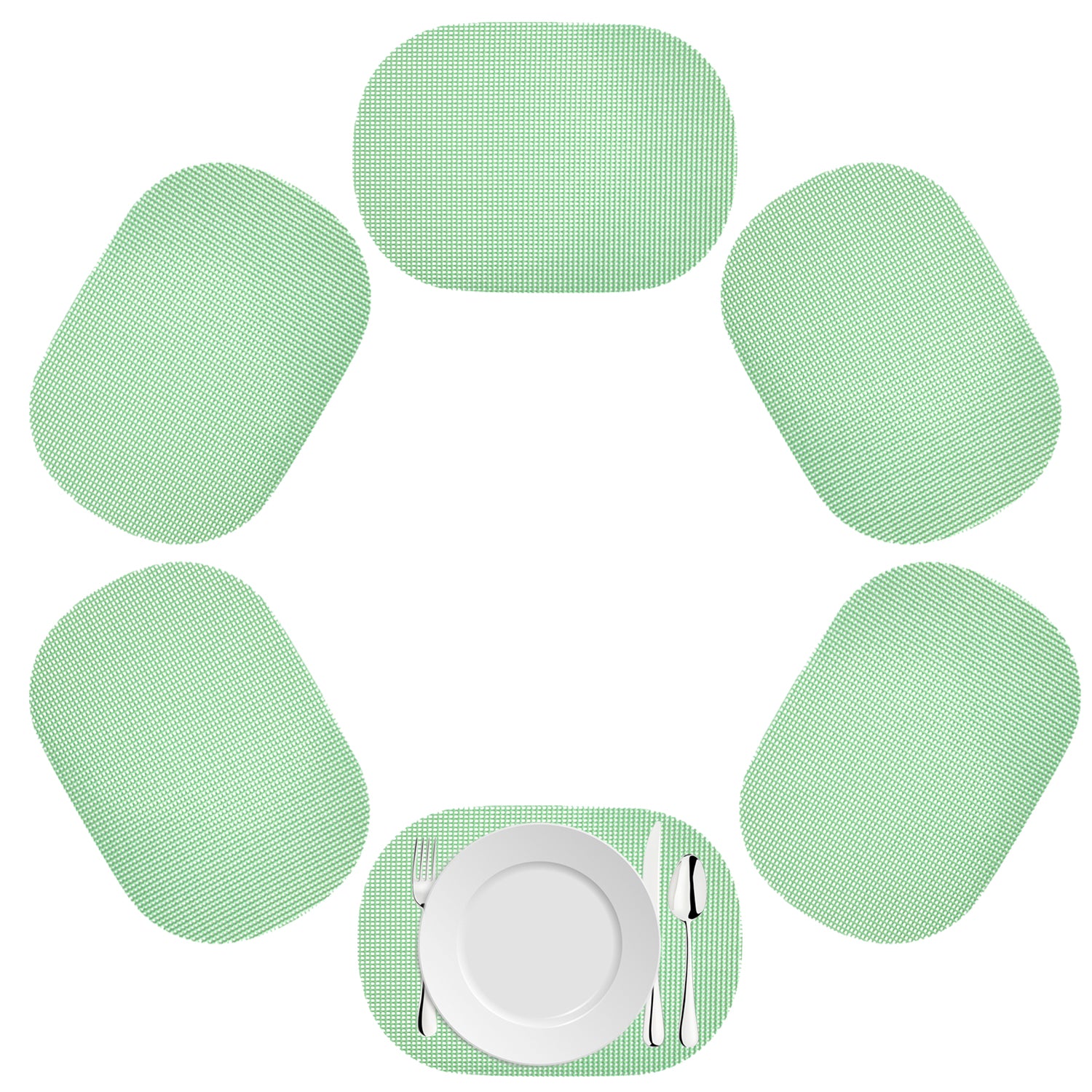 Green Ash | Oval fishnet placemat set of 6 in sea foam green on a white background.