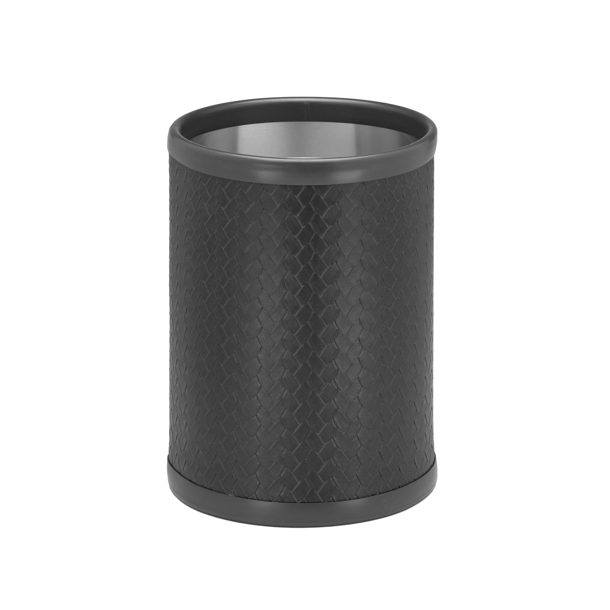 Eclipse | Front view of a round 8qt leatherette wastebasket featuring a subtle stitching detail, shown on a clean white surface.