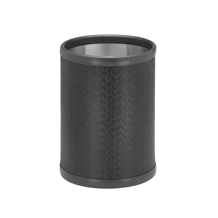 Eclipse | Front view of a round 8qt leatherette wastebasket featuring a subtle stitching detail, shown on a clean white surface.