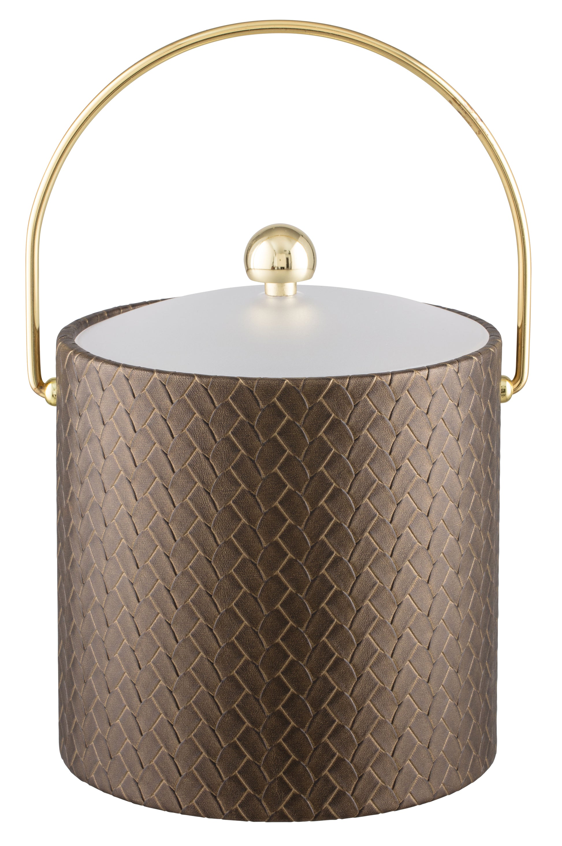 Antique Gold | 3-quart leatherette ice bucket with a gold bale handle, displayed upright on a white background.