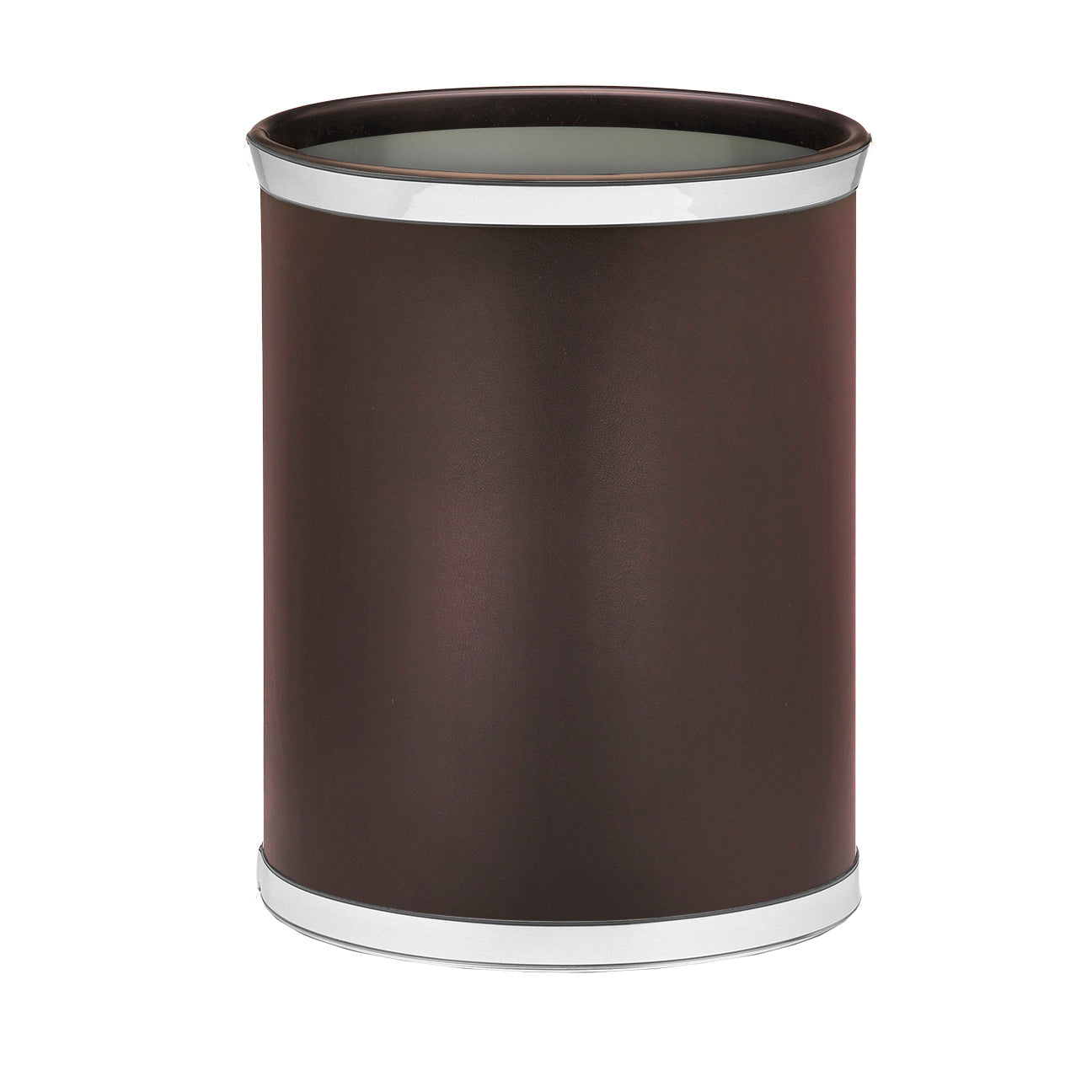 Brown | Elevated front view of an oval leatherette bin with faux metal top and bottom bumpers.