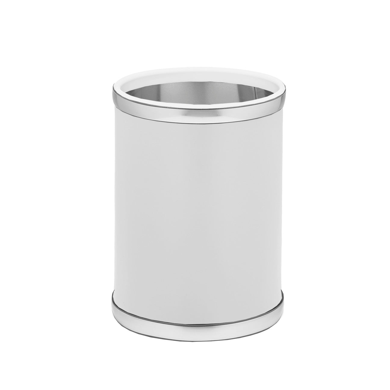 White and Brushed Chrome | 8-quart wastebasket highlighting the hand sewn seams of the leatherette with brushed chrome metal accents.