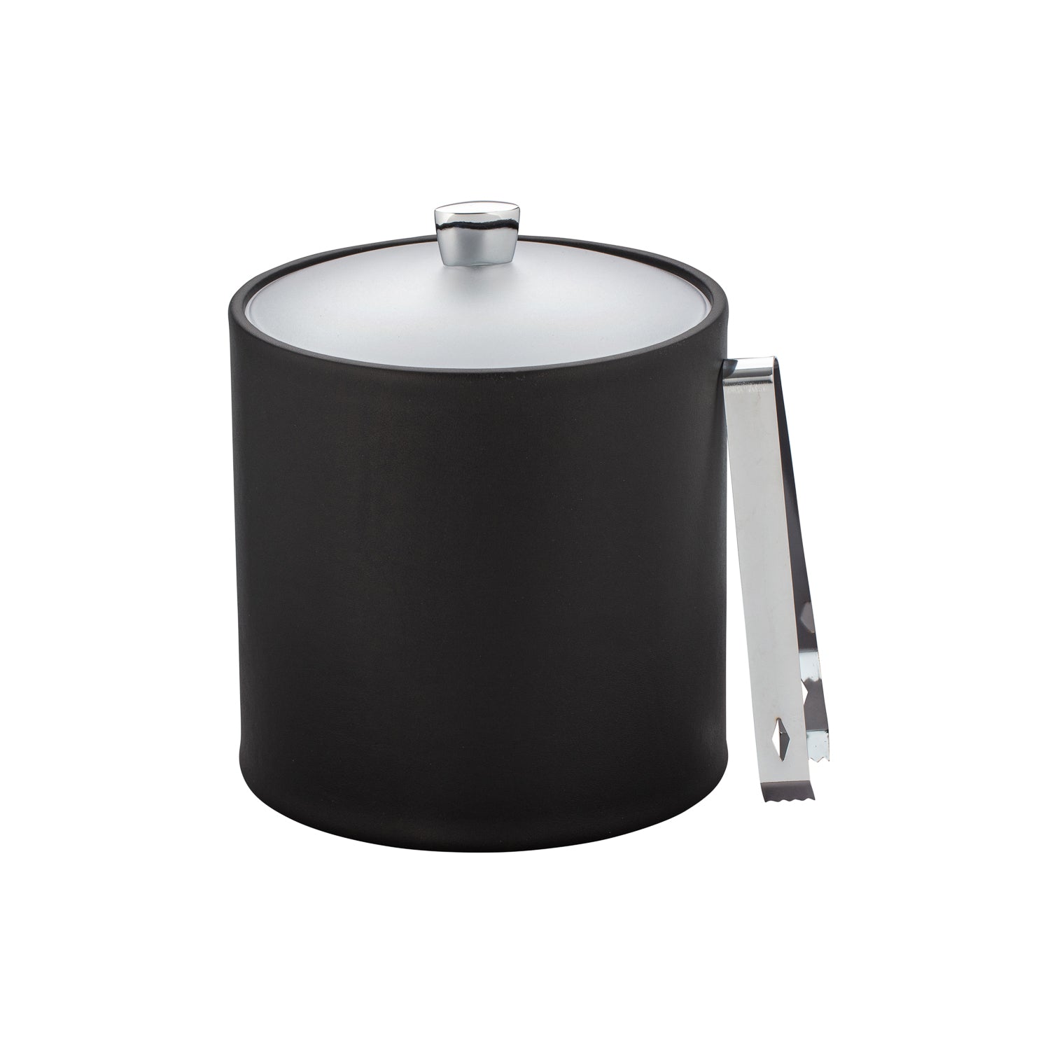 Black | Elegant 3QT leatherette ice bucket with shiny chrome arc knob, styled for home entertaining. 