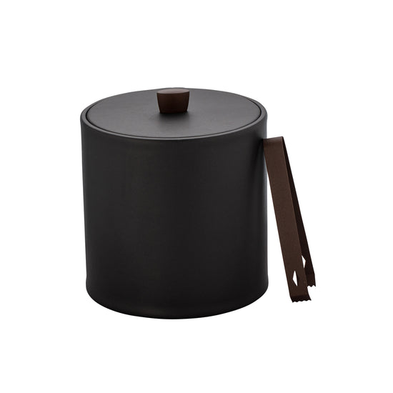 Black | front view of leatherette ice bucket with textured finish and matching lid, featuring a bronze knob.