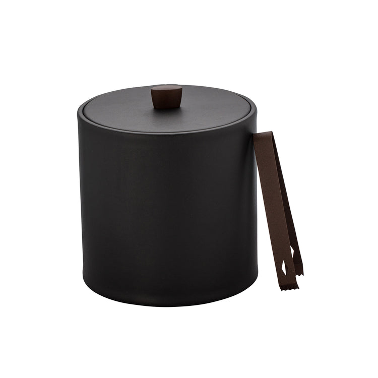 Black | front view of leatherette ice bucket with textured finish and matching lid, featuring a bronze knob.