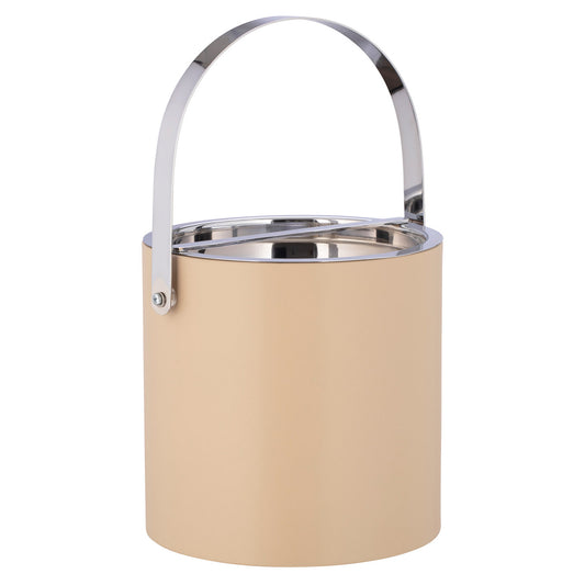 Beige | Leatherette ice bucket with polished chrome lid and arch handle on a white background.