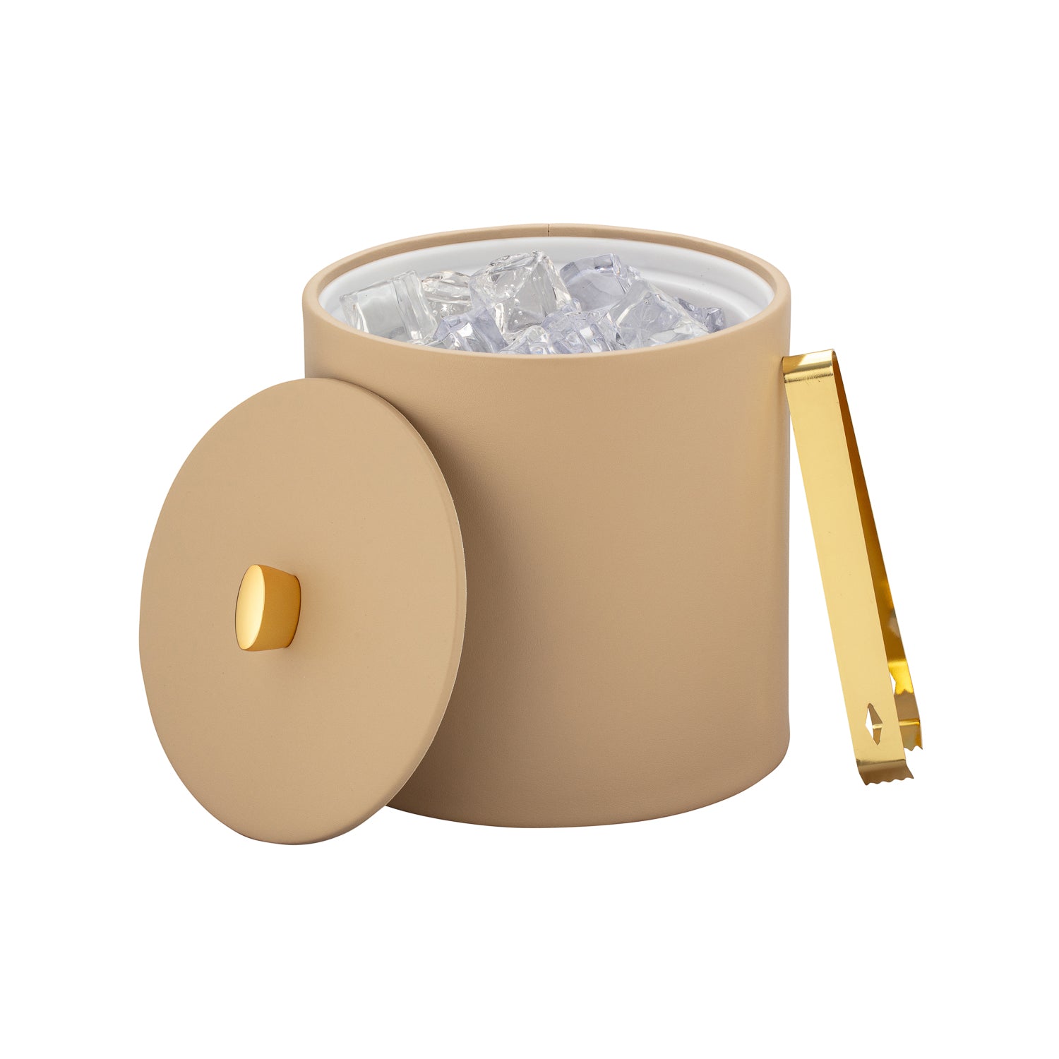 Beige | Close-up of smooth leatherette ice bucket with coordinated lid and gold arc knob.