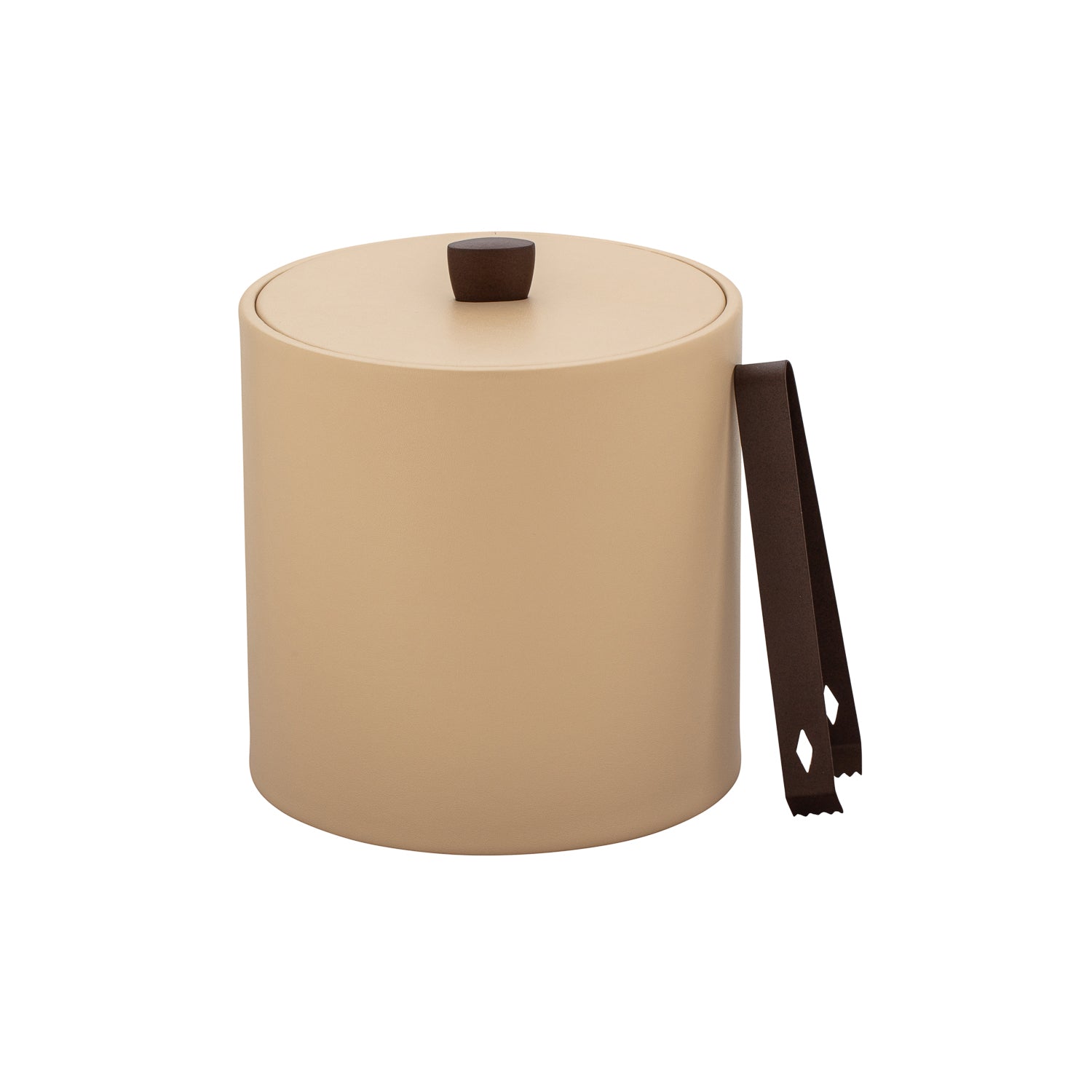 Beige | Elegant ice bucket with hand sewn leatherette exterior and bronze knob, ideal for home bar use.