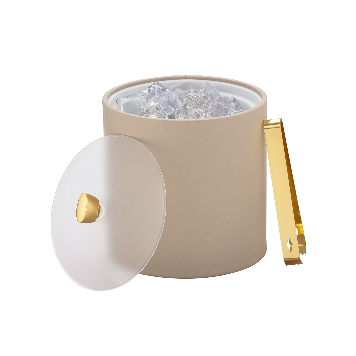 Taupe | Functional ice bucket with acrylic lid and eye-catching polished gold arc knob. 