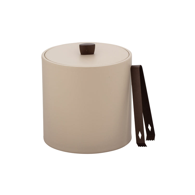 Taupe | minimalist ice bucket wrapped in leatherette, topped with oil-rubbed bronze knob.