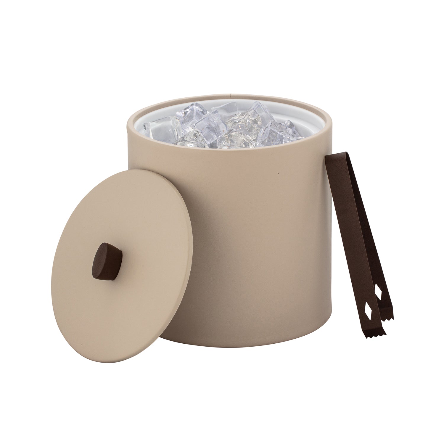Taupe | Modern leatherette wrapped ice bucket designed with oil rubbed bronze knob for stylish entertaining.