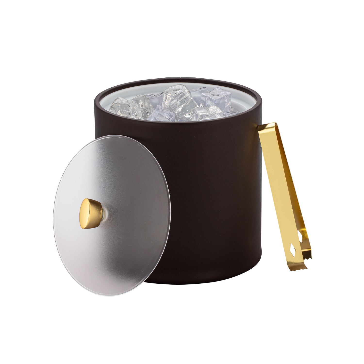 Chocolate | Ice bucket wrapped in leatherette with the acrylic cover styled to the side and filled with ice. 