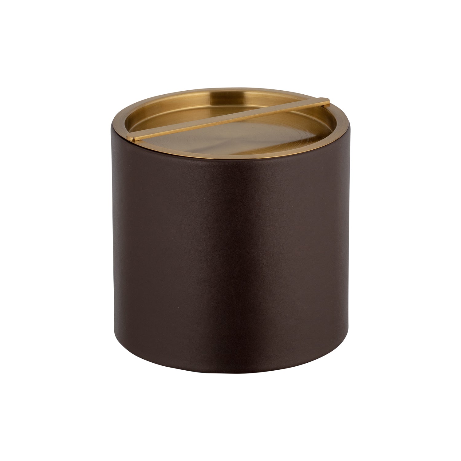 Chocolate | Brushed gold lid reflecting light on top of a sleek leatherette ice bucket, shown on white.