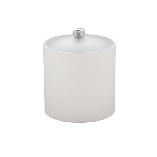 White | Leatherette ice bucket with polished chrome arc knob and acrylic cover ready for serving chilled beverages.