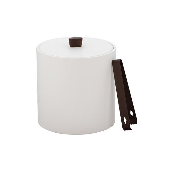 White | 3qt ice bucket for home entertaining with hand sewn leatherette material and sophisticated oil-rubbed bronze arc knob.