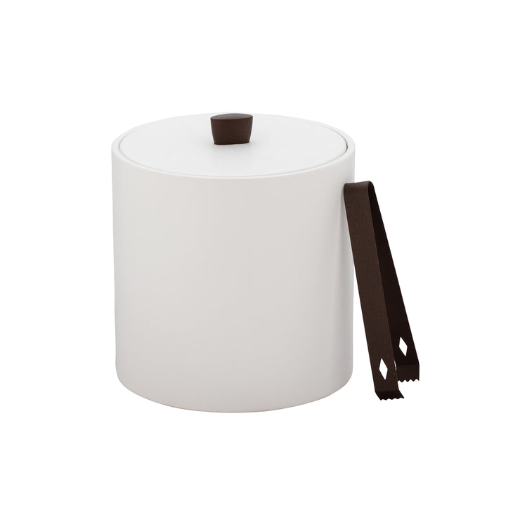 White | 3qt ice bucket for home entertaining with hand sewn leatherette material and sophisticated oil-rubbed bronze arc knob.