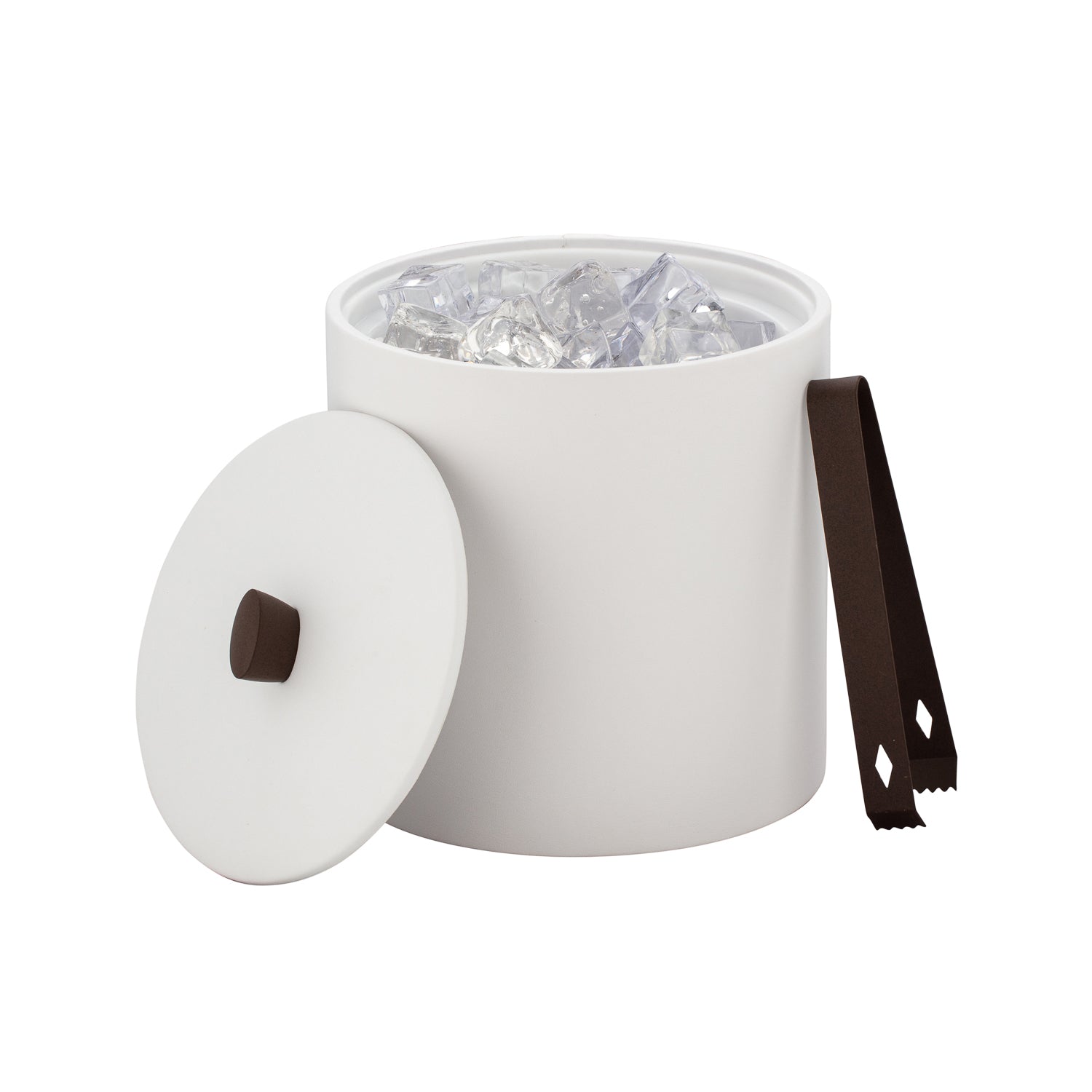 White | Interior shot of open ice bucket with bronze hardware and leatherette wrapped body.