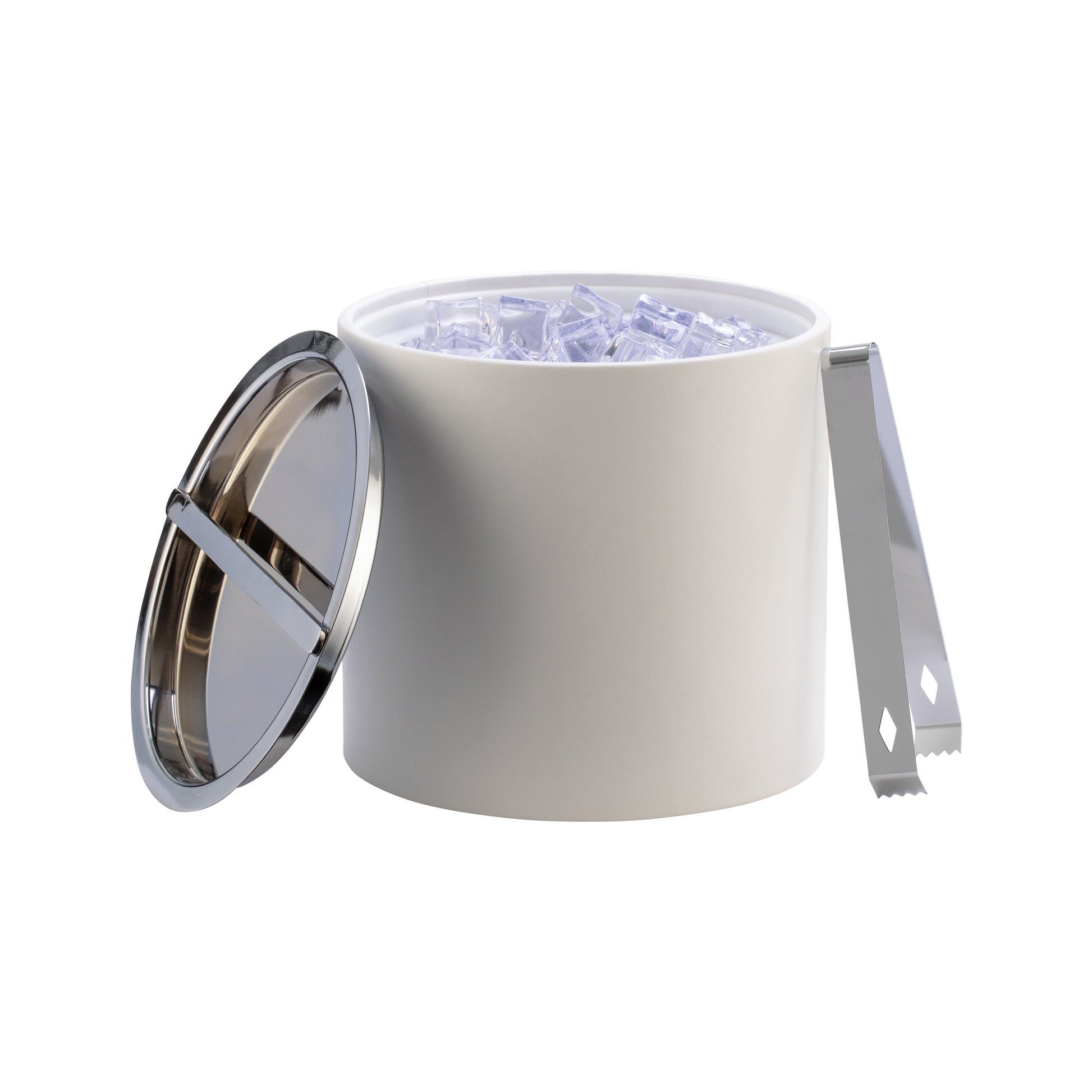 White | 3qt leatherette ice bucket filled with ice cubes.