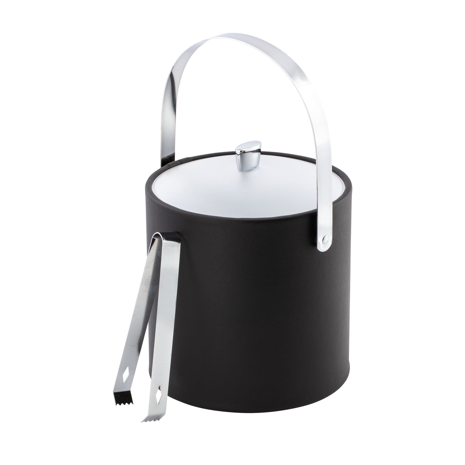 Black | Modern ice bucket with polished chrome arc knob, arch handle for easy carrying.