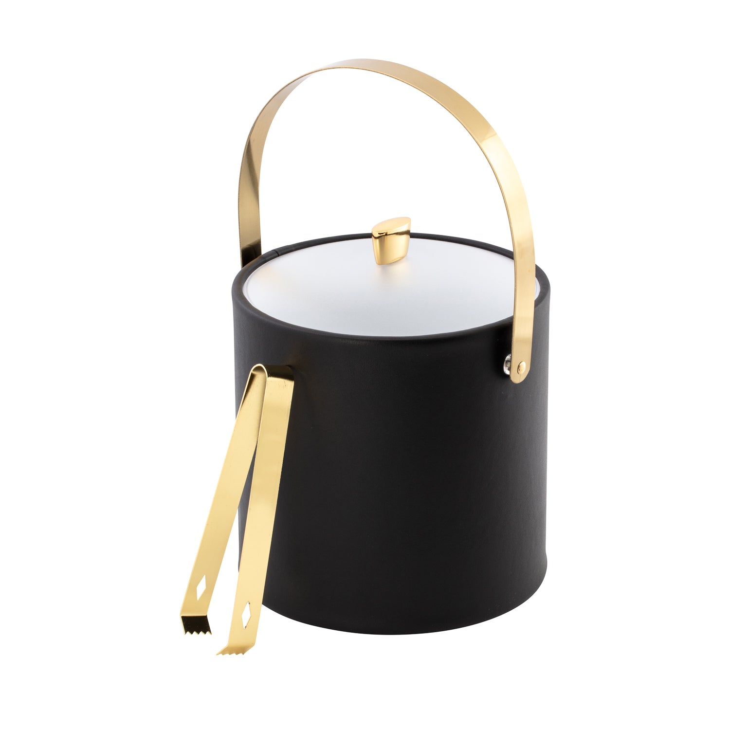 Black | Modern ice bucket with polished gold arc knob, coordinating arching handle and frosted acrylic cover.