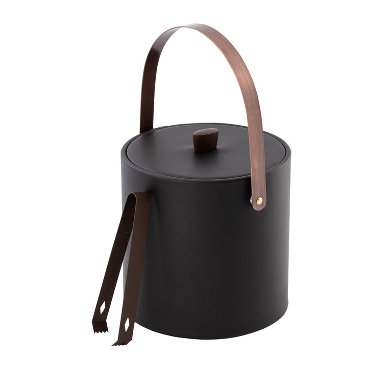 Black | leatherette ice bucket with bronze hardware, including arc knob and arch handle.