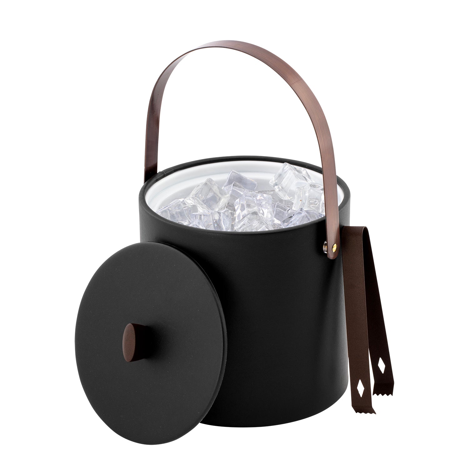 Black | Side profile of hand sewn leatherette ice bucket featuring an oil-rubbed bronze arc knob and handle.
