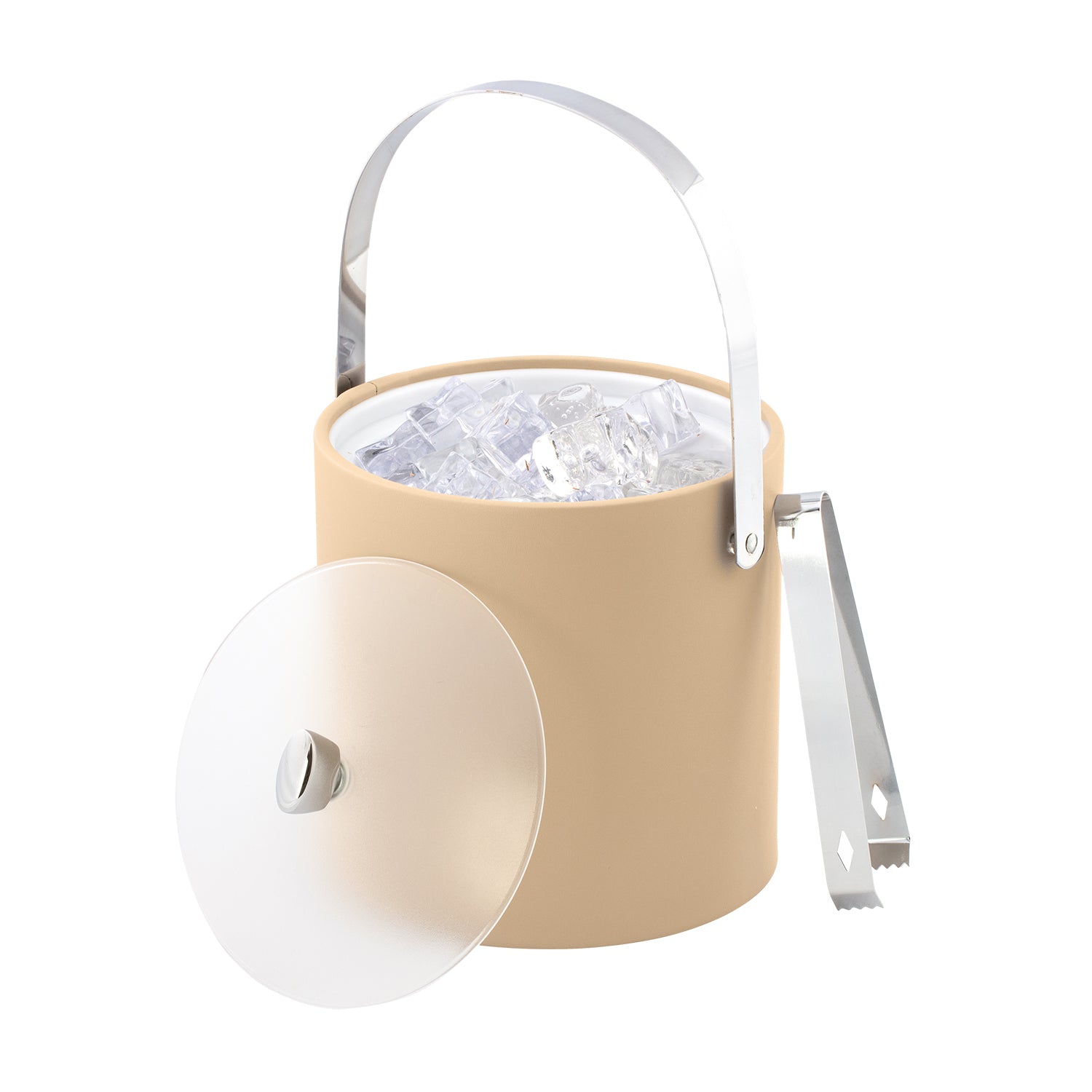 Beige | Functional ice bucket with polished chrome accents, including arch handle and arc knob.