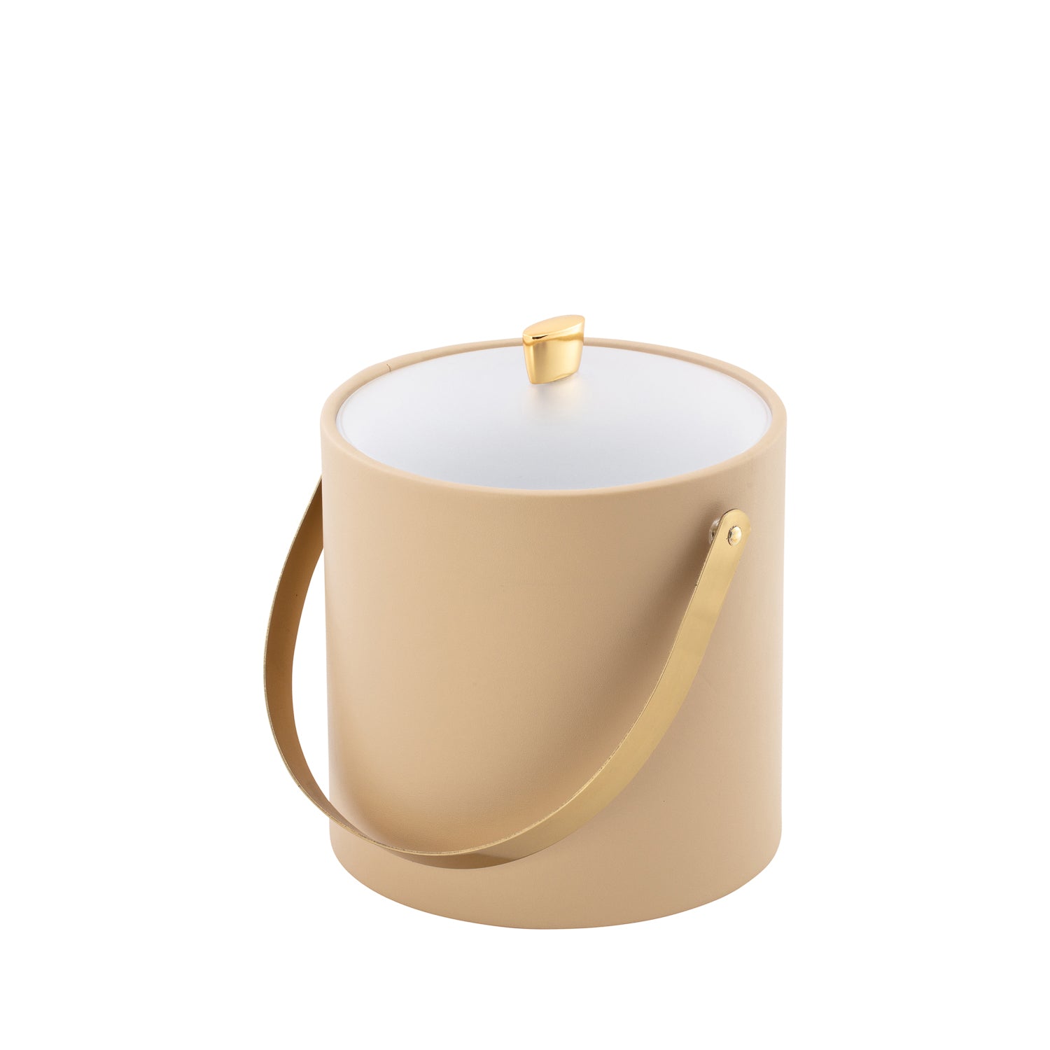 Beige | ice bucket with frosted acrylic cover and polished gold arc knob and arch handle. 