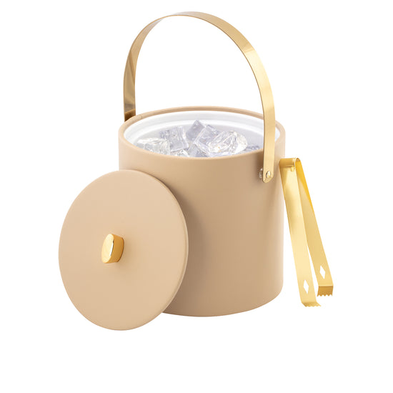 Beige | Leatherette ice bucket with matching cover and curved gold handle.