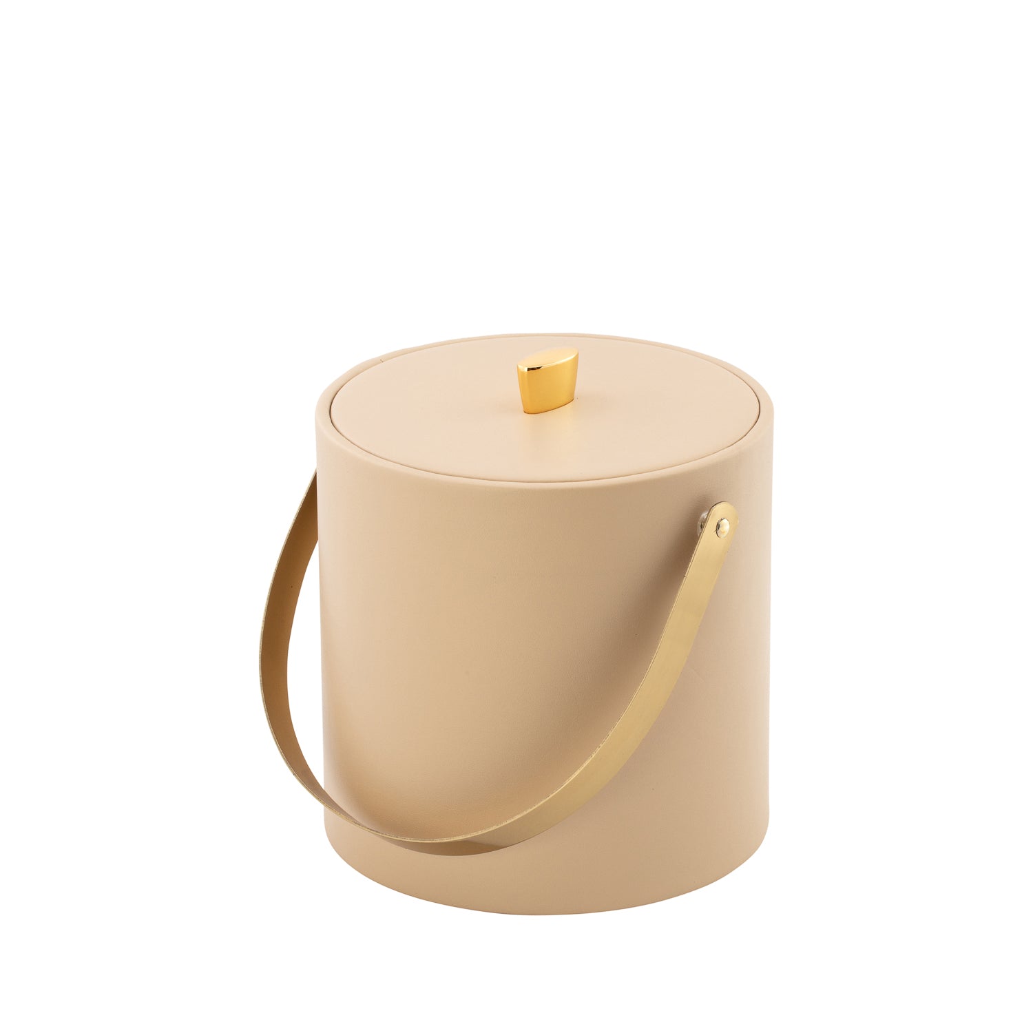 Beige | Elegant leatherette ice bucket featuring a leatherette cover and gold arc knob.