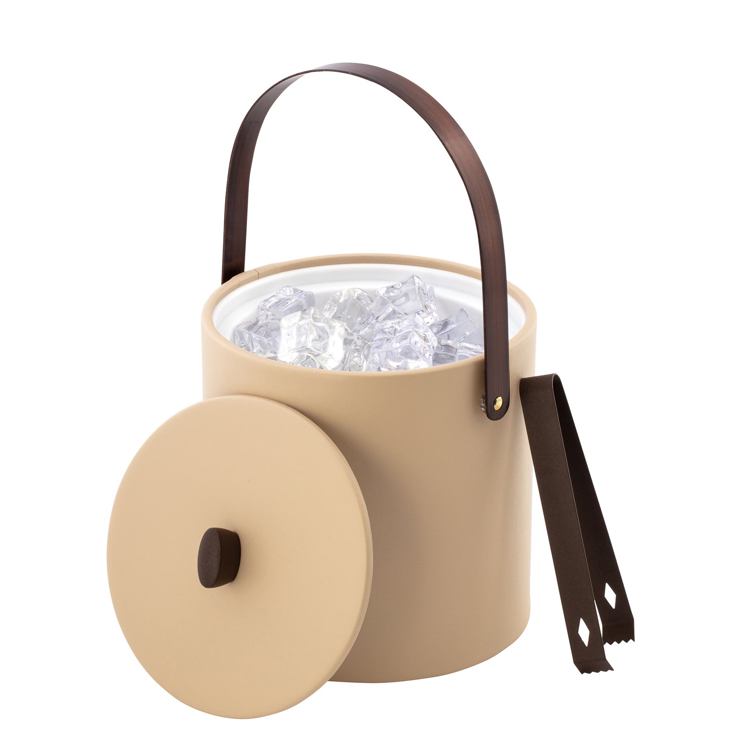 Beige | Luxurious ice bucket with smooth leatherette body and antique-style bronze hardware.
