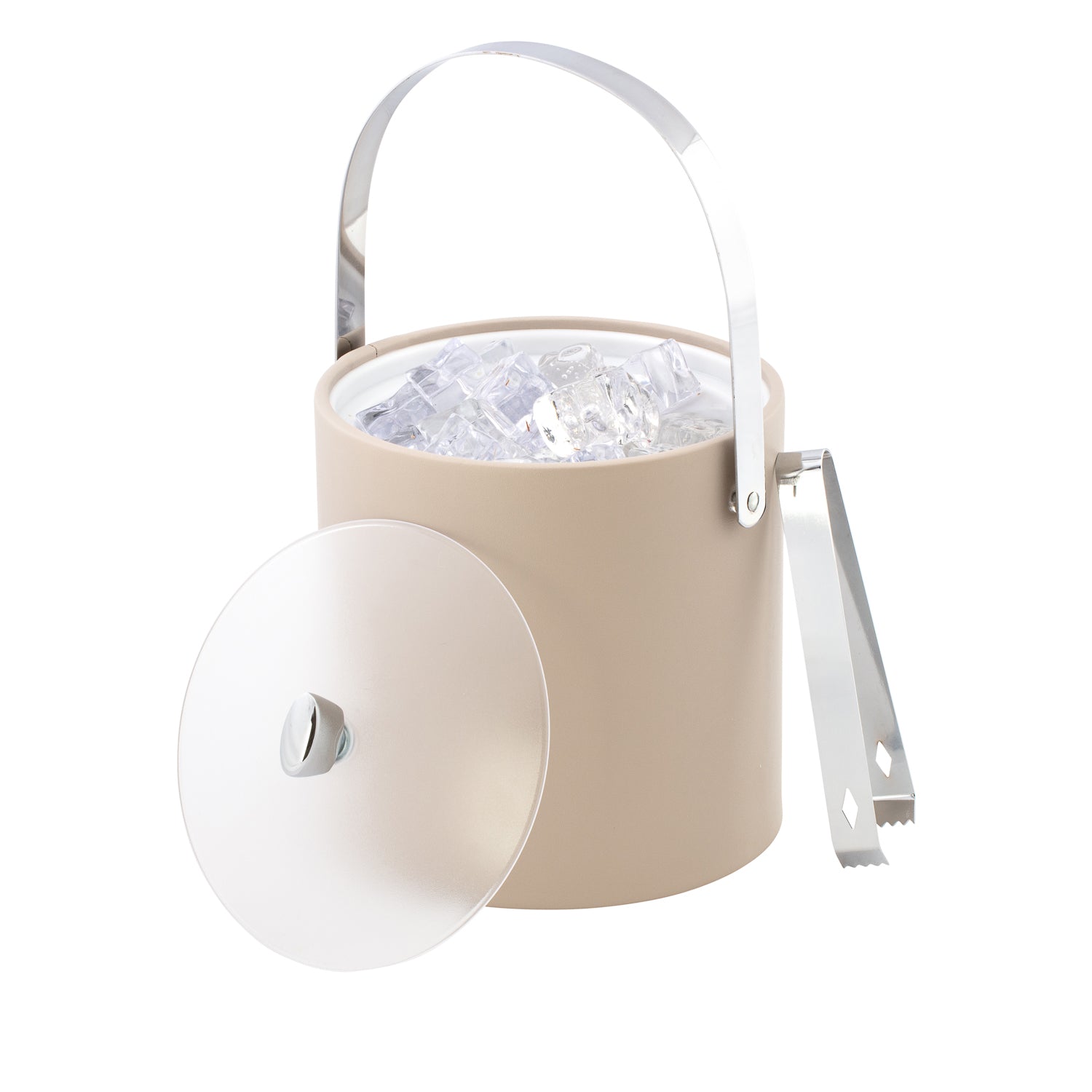 Taupe | Premium leatherette ice bucket featuring chrome arch handle and arc knob with frosted acrylic cover.