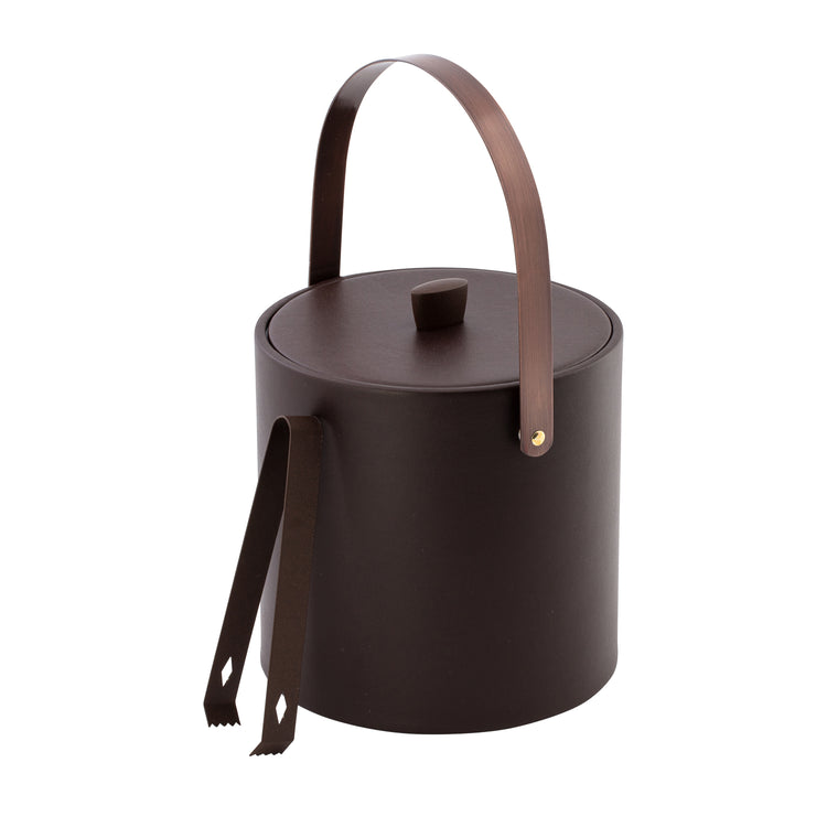 Chocolate | Classic ice bucket with bronze hardware and sleek lid for entertaining.
