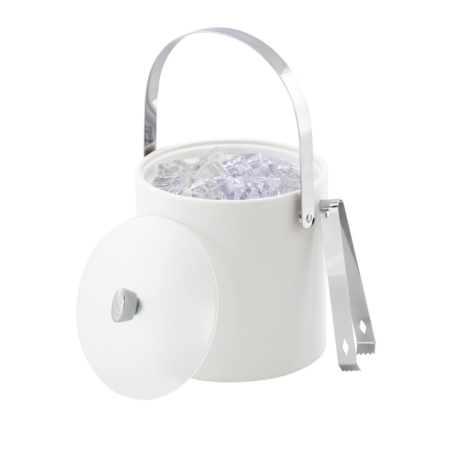 White | 3QT leatherette ice bucket with polished chrome accents placed on a white background.