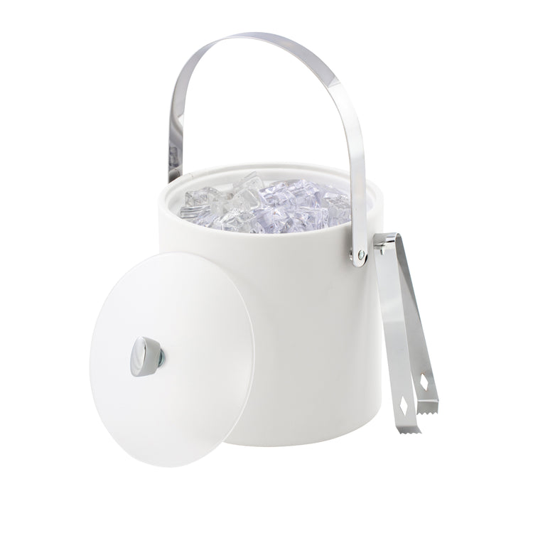 White | 3QT leatherette ice bucket with polished chrome accents placed on a white background.