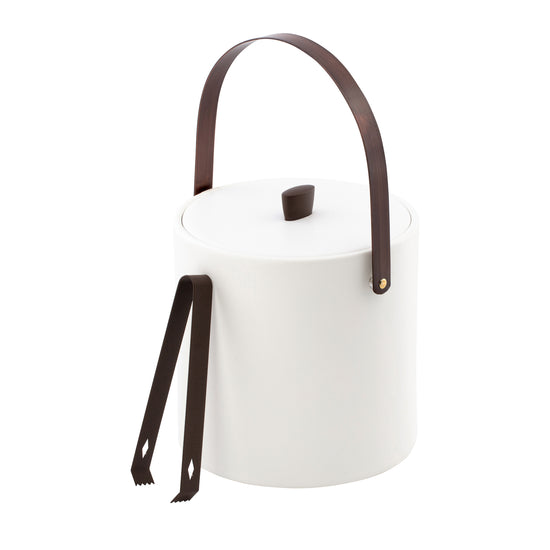 White | ice bucket with a sophisticated blend of soft-touch leatherette and oil-rubbed bronze finishes.
