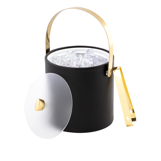 Black | 3QT ice bucket with polished gold arch handle, acrylic cover, and matching gold arc knob paired with gold tongs.