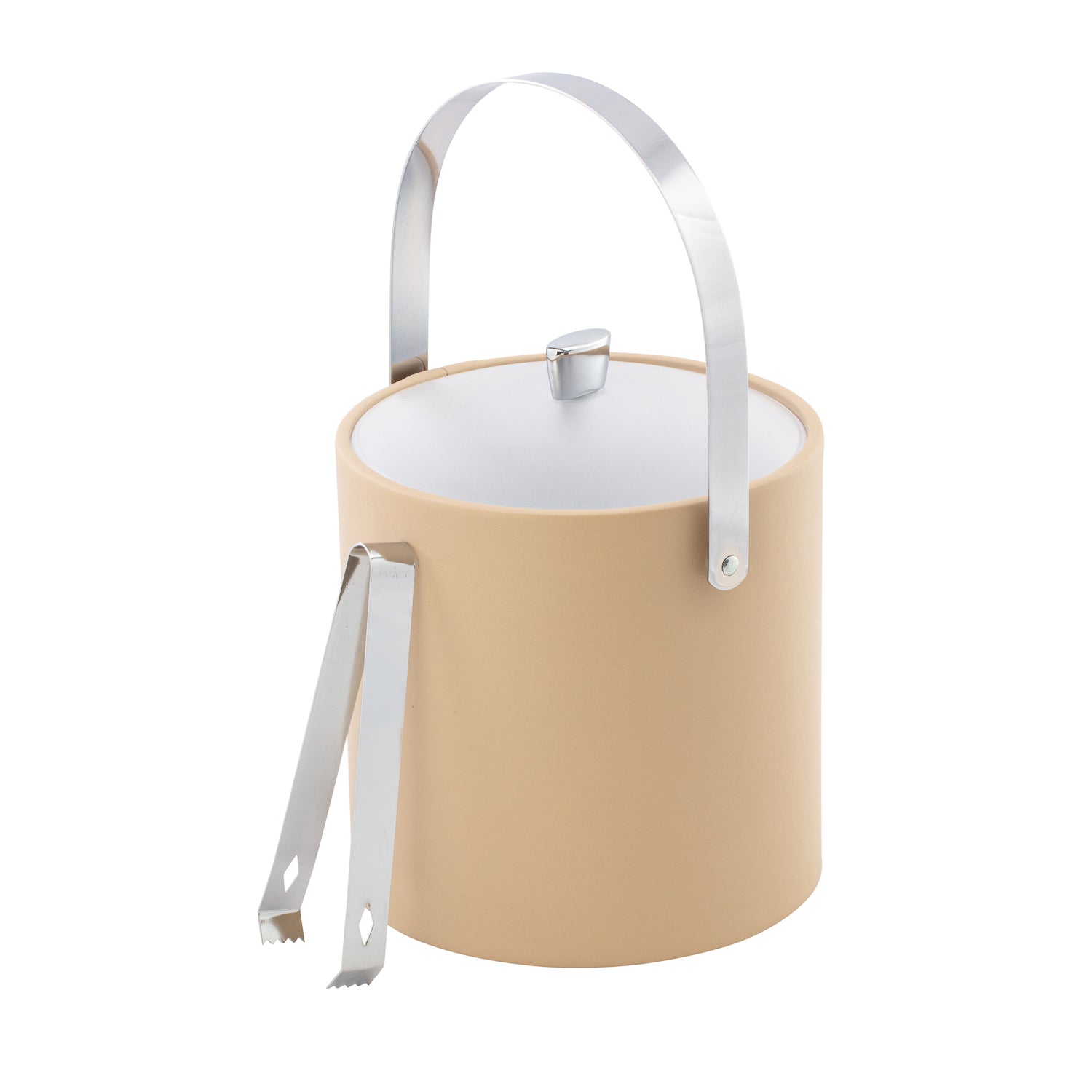 Beige | Close-up of 3qt ice bucket with arc-shaped knob on acrylic lid and ergonomic arch handle.