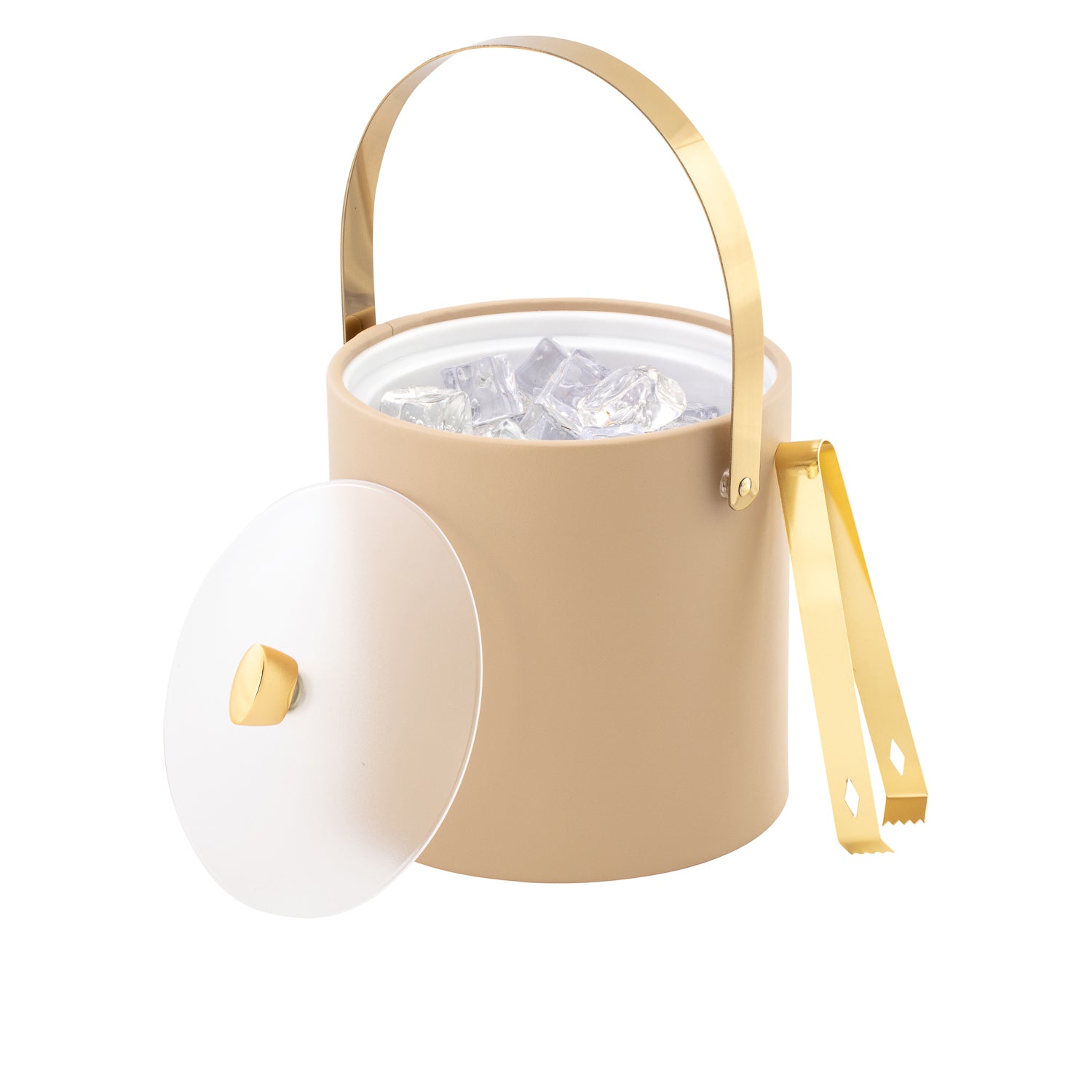 Beige | 3QT ice bucket with polished gold handle, acrylic cover, and polished gold arc knob. 