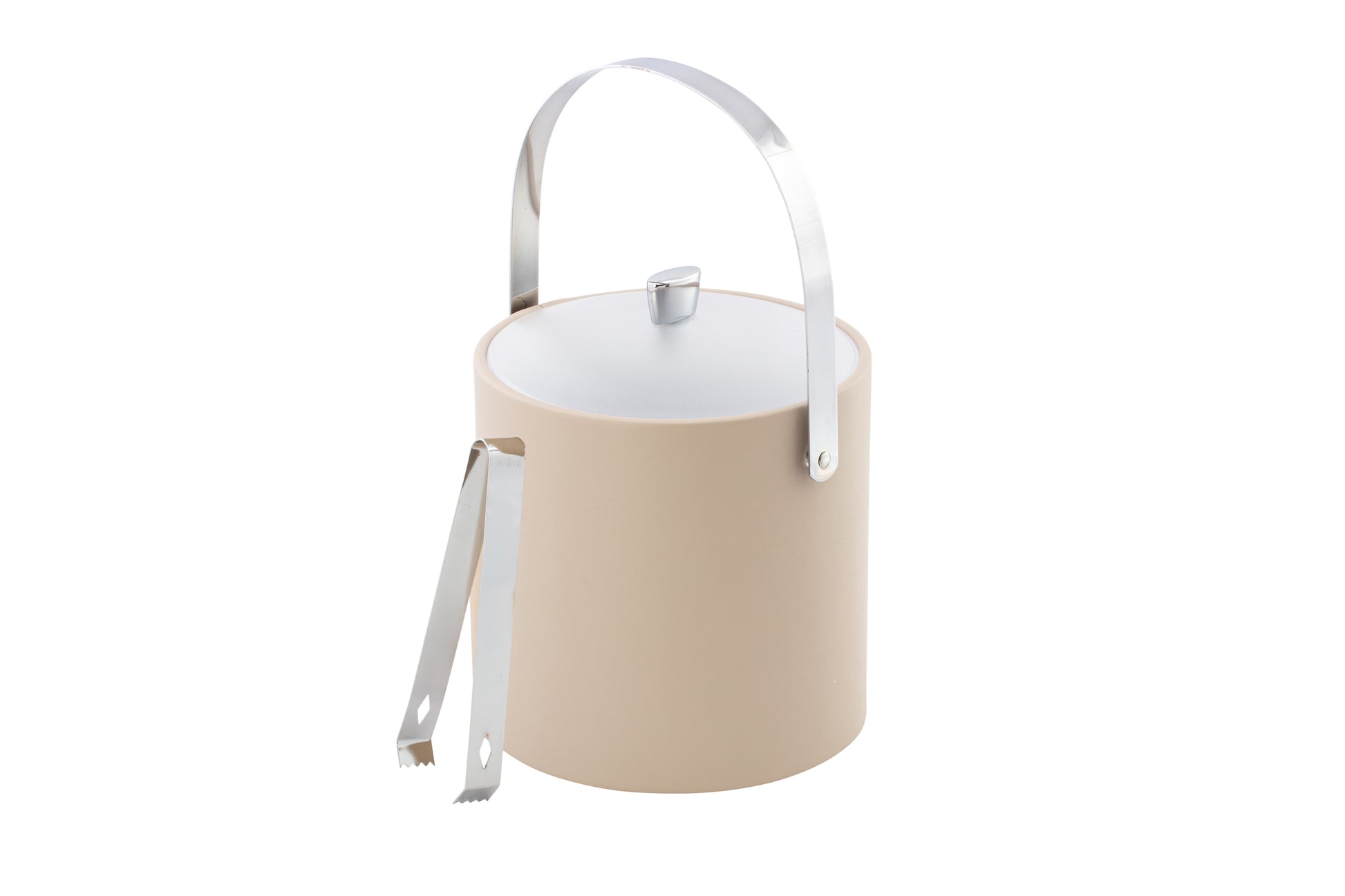 Taupe | 3QT ice bucket designed with arch handle and acrylic cover, accompanied by sleek polished chrome ice tongs.