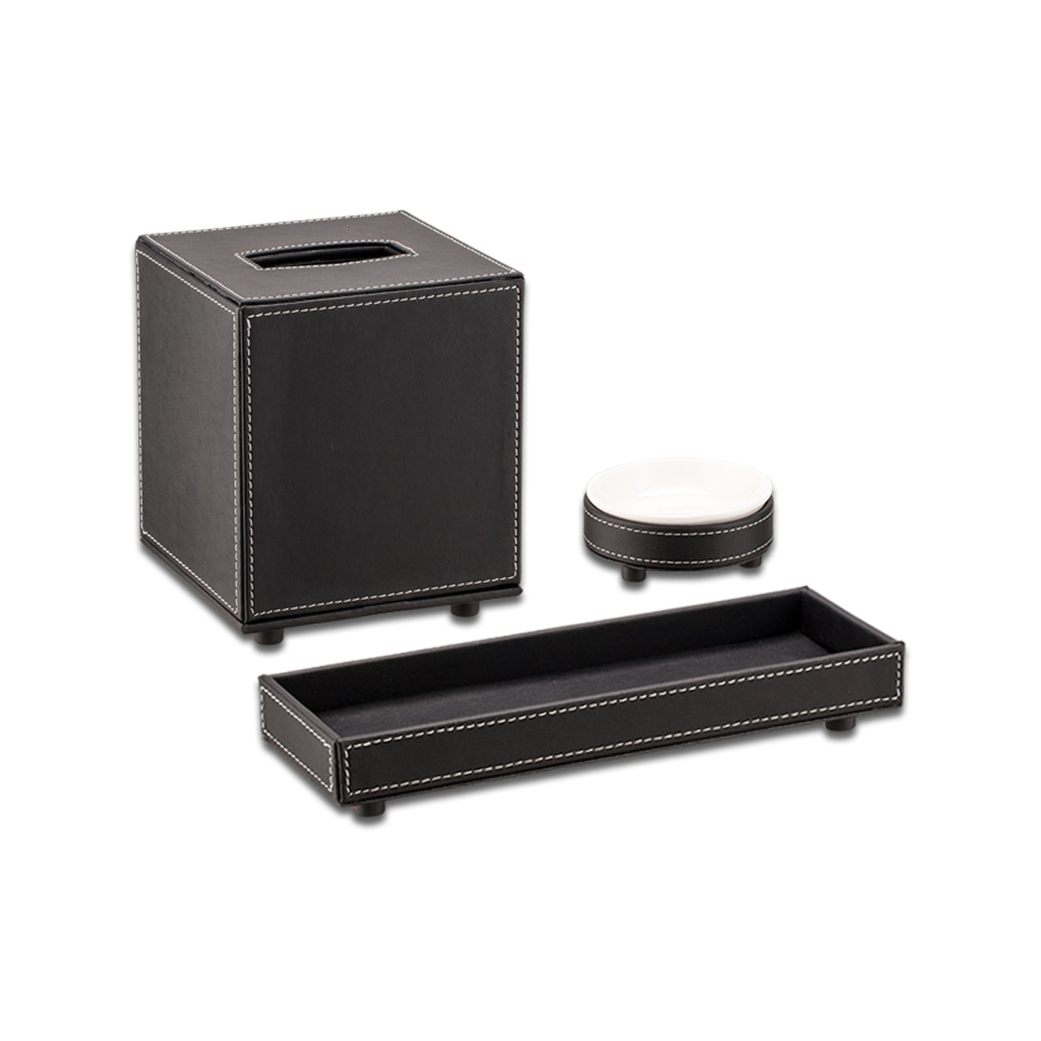 Black | Leatherette three-piece bathroom accessory set for a coordinated look.