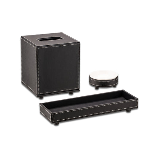 Black | Leatherette three-piece bathroom accessory set for a coordinated look.