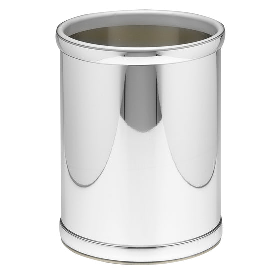 Polished Chrome | Shiny chrome 8-quart bathroom round wastebasket with polished chrome bumpers.