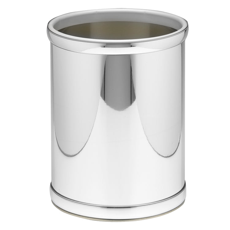 Polished Chrome | Shiny chrome 8-quart bathroom round wastebasket with polished chrome bumpers.