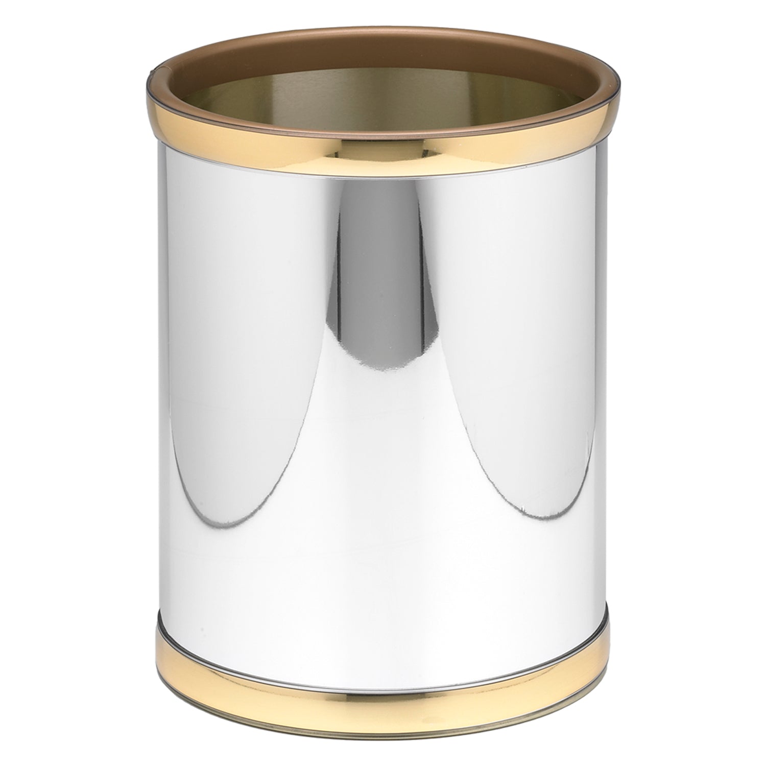 Polished Chrome & Gold | Durable Mylar 8qt round wastebasket for the bathroom with gold bumpers.